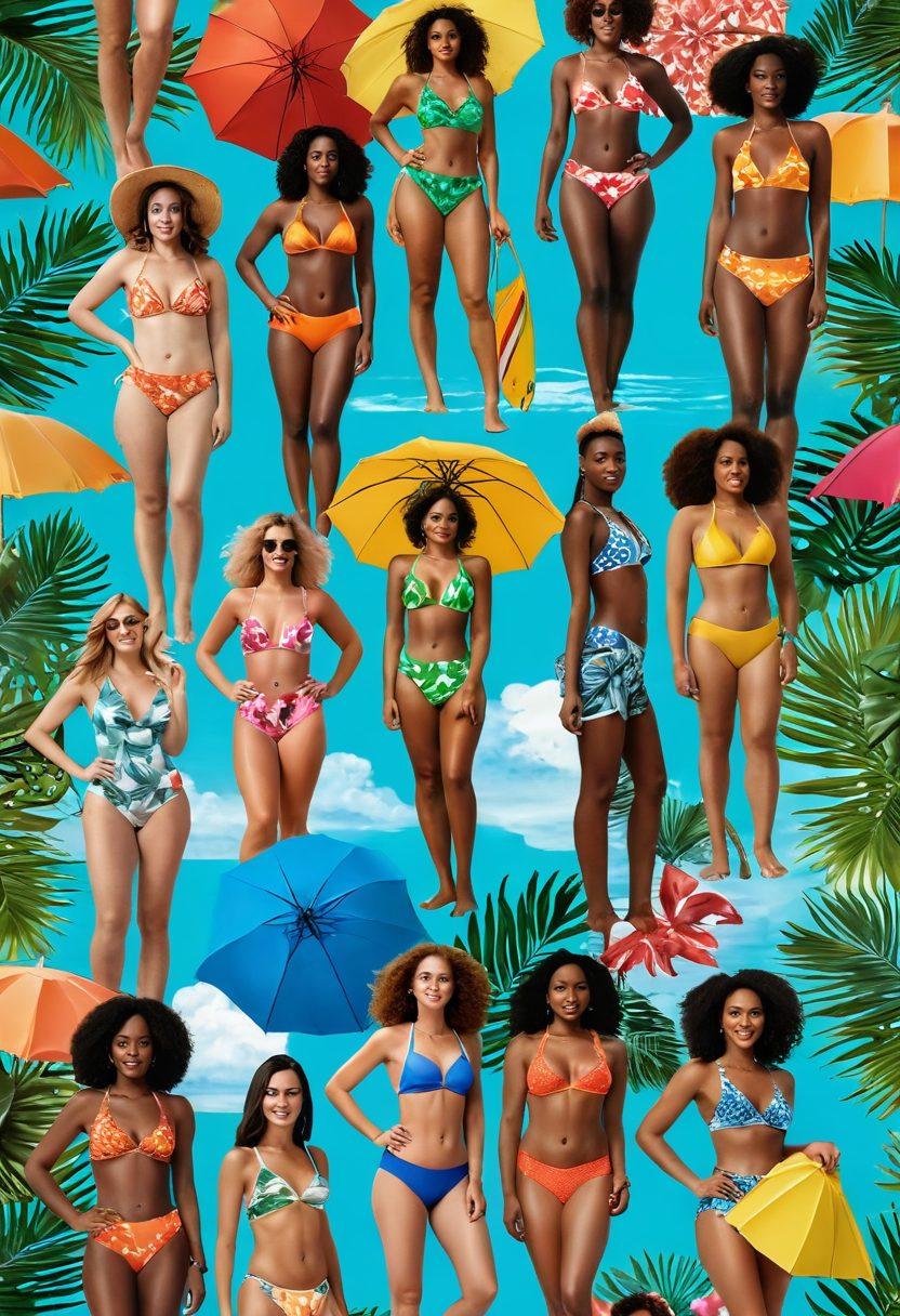 An inviting beach scene with diverse women modeling stylish summer swimwear in various body types and vibrant colors. Incorporate elements like sunbathing, beach umbrellas, and tropical palm trees in the background. Highlight texture and patterns of the swimwear, showcasing confidence and comfort. Use a bright and sunny atmosphere to evoke a fun, summer vibe. super-realistic. vibrant colors. natural lighting.
